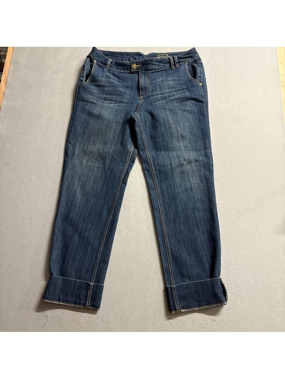 Seven7 Cuffed Crop Jeans Womens Size 32 Blue Denim Stretch Straight Leg